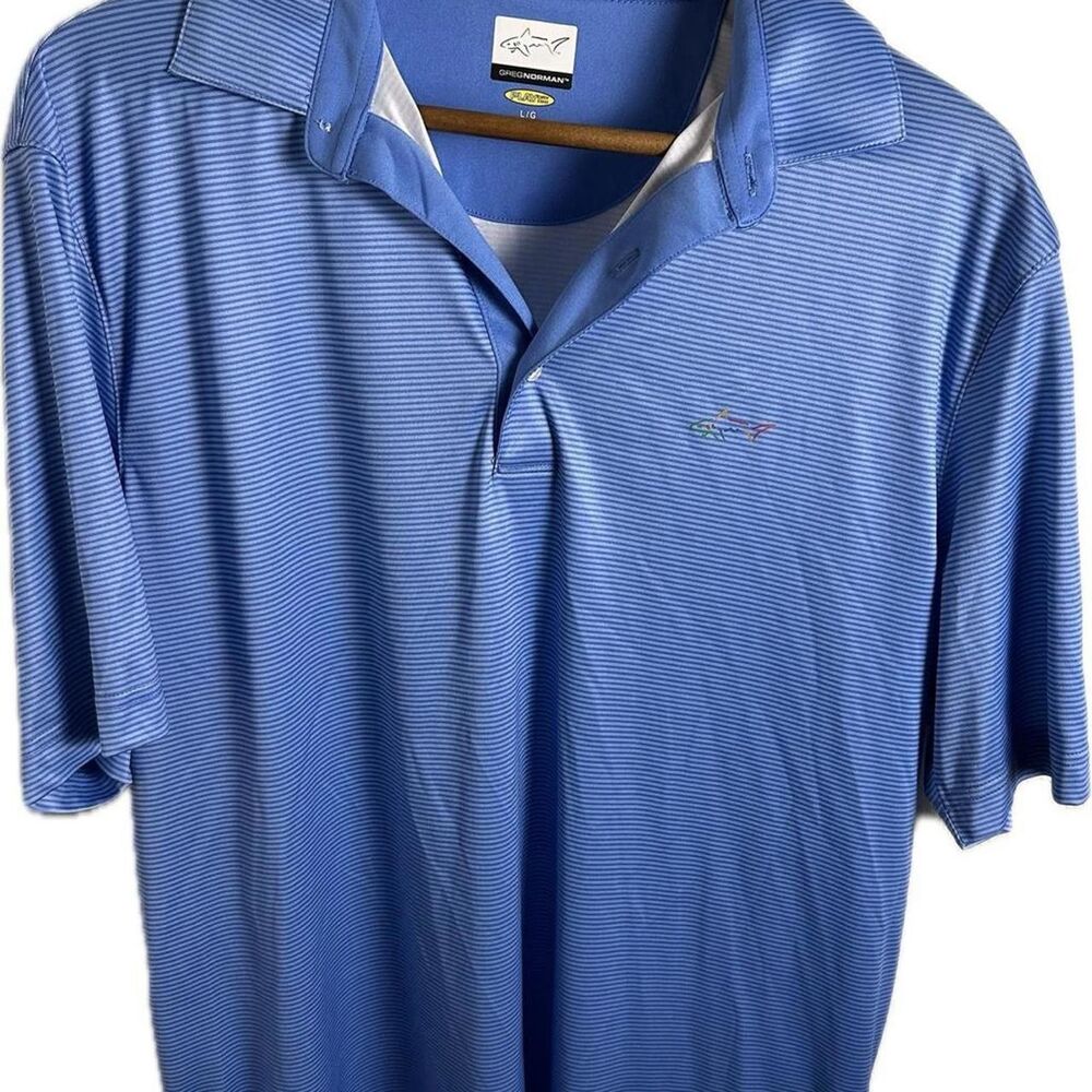 Greg Norman Play Dry Polo Shirt Men's Large Blue White Striped Golf Performance